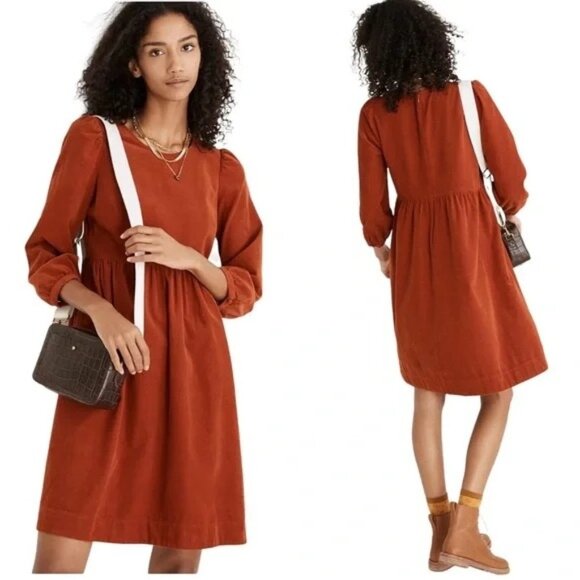 Madewell Dresses & Skirts - Madewell Corduroy Puff-Sleeve Mini Dress Burnt Orange Pockets  Sz L